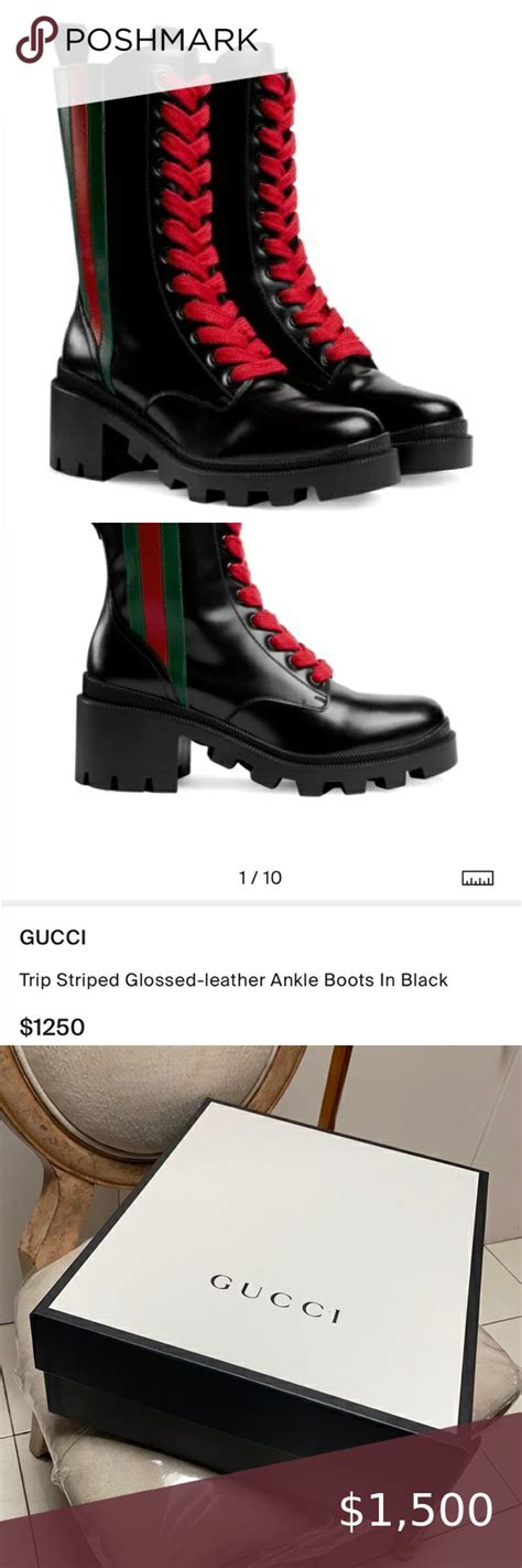 gucci trip striped glossed-leather ankle boots|Gucci high heel boots.